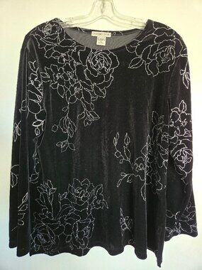 Women's Black Faux Velvet Blouse with Silver Colored Flower Design Size Medium